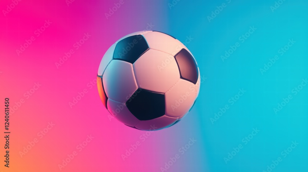 Obraz premium A floating soccer ball against a vibrant pink and blue gradient background, creating a dynamic and energetic visual.