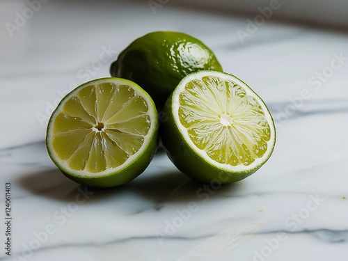 Fresh green lime cut in half, revealing its juicy pulp and vibrant texture, resting on a smooth marble countertop, full of citrus freshness. photo