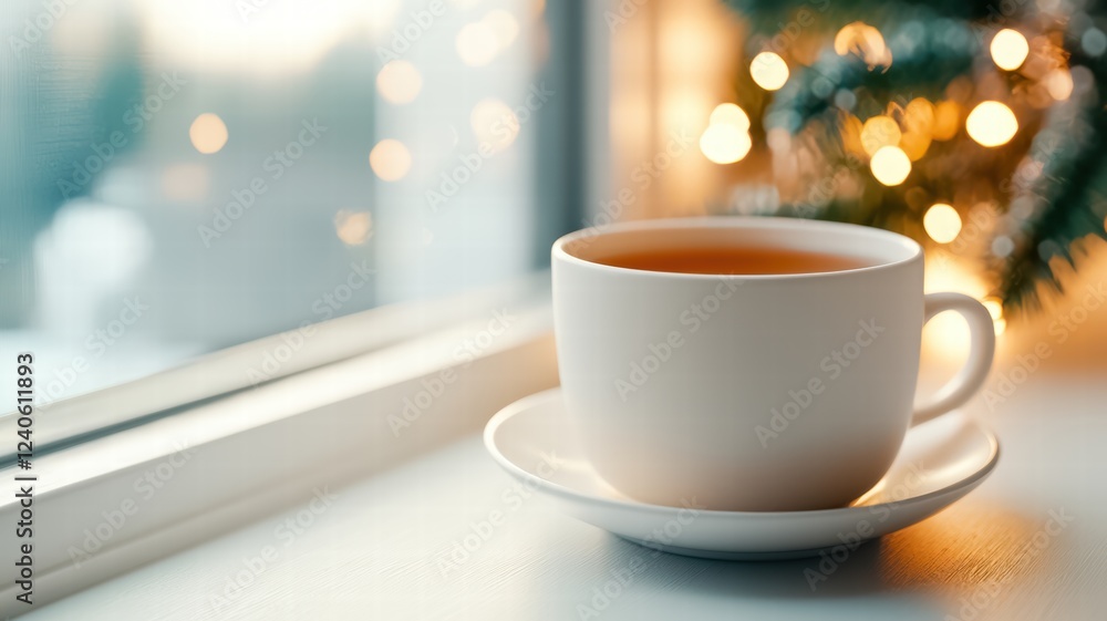 Obraz premium A cozy cup of tea sits on a saucer by a window, with twinkling holiday lights softly glowing in the background.