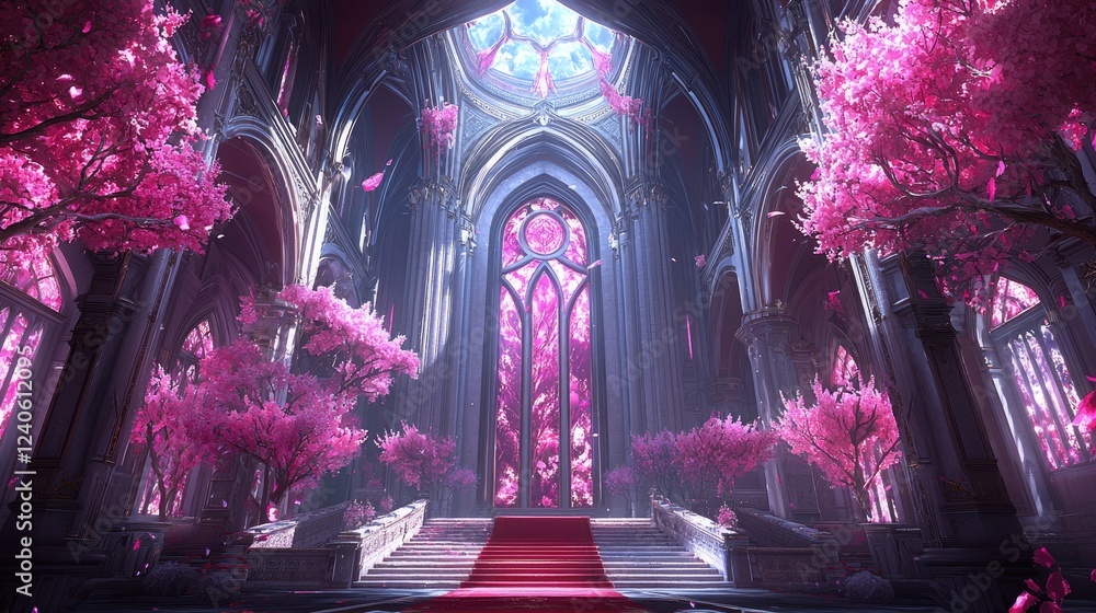 Pink blossom cathedral, fantasy wedding scene, game background