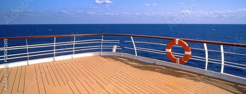 A spacious deck of a cruise ship provides an unobstructed view of the calm ocean and clear sky on a sunny day. photo