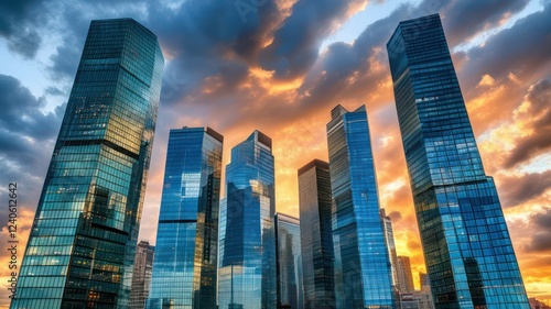 Skyscrapers reflecting sunset with dramatic clouds and urban skyline