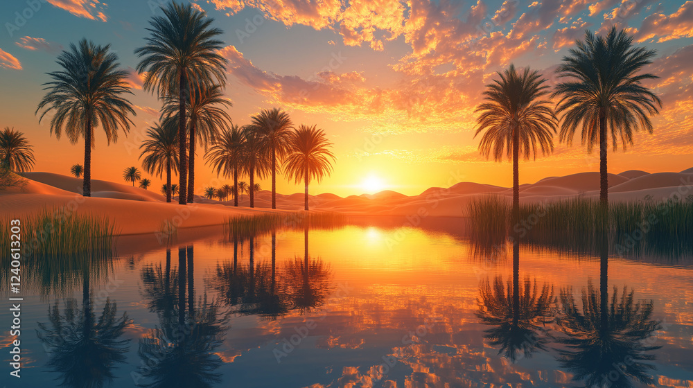 Fototapeta premium A serene desert oasis, with tall palm trees swaying in the breeze, and a crystal-clear lake reflecting the golden dunes around it. The setting sun casts warm orange and pink hues over the sky 