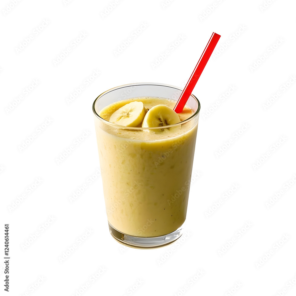 Banana smoothie, tall glass, red straw, fresh bananas creamy texture Banana smoothie, tall glass, red straw, fresh bananas creamy texture