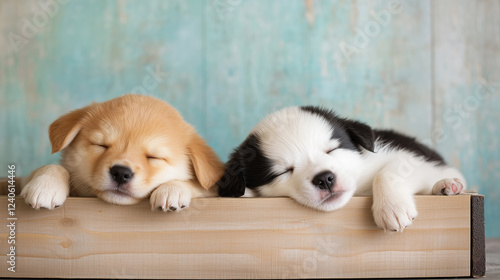 木箱の上で眠る二匹の子犬のほほえましい表情 | 淡色やさしさ photo