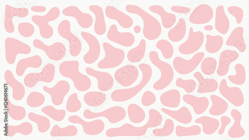 Abstract pink and white pattern with cow or dalmatian spots, featuring fluid blobs and irregular shapes. Ideal for creative decor and vector design projects.