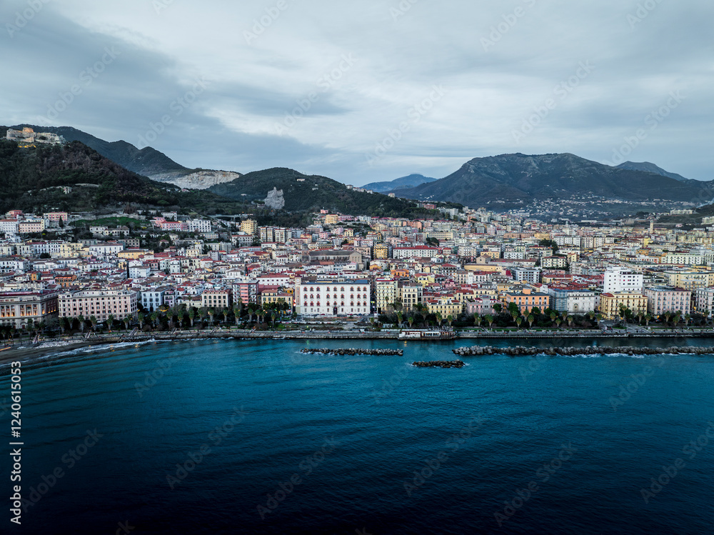 Aerial view of Salerno downtown at sunset, Campania, Italy. Aerial view of Salerno downtown at sunset, Campania, Italy.