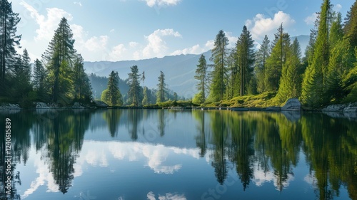 Tranquil lake surrounded by lush pine trees and serene mountains