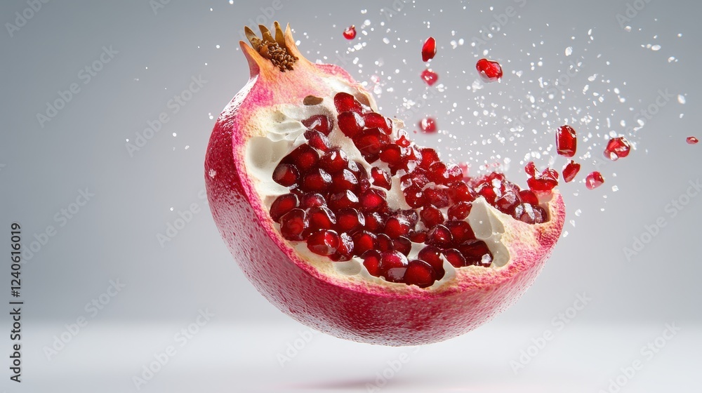 A fresh pomegranate cut in half, splashing with juicy seeds against a light background. A fresh pomegranate cut in half, splashing with juicy seeds against a light background.