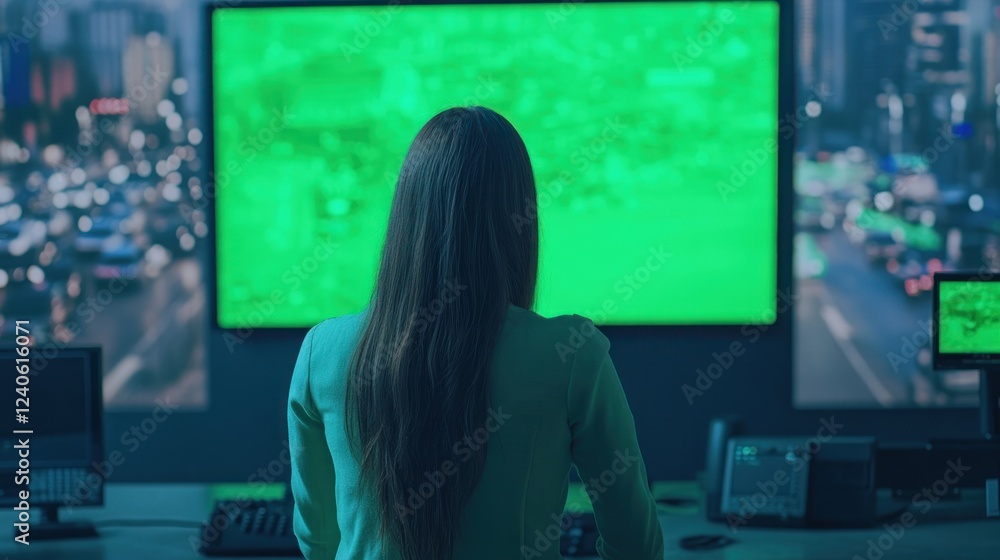 Woman observing a green screen in a high-tech control room Woman observing a green screen in a high-tech control room