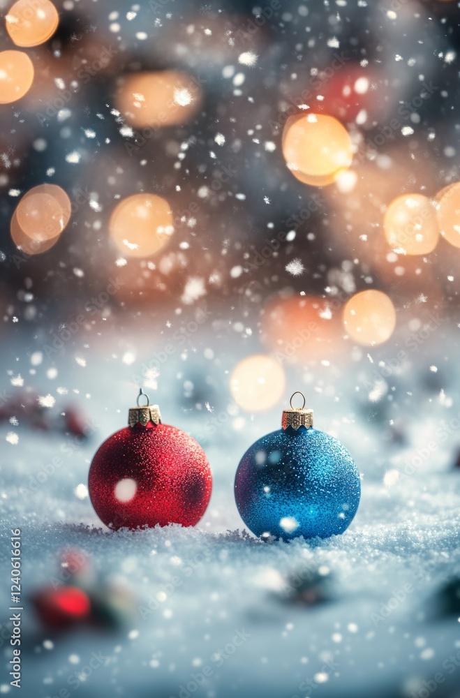 A beautiful background of snow falling, blurred lights in the distance, a few Christmas decorations on the ground A beautiful background of snow falling, blurred lights in the distance, a few Christmas decorations on the ground