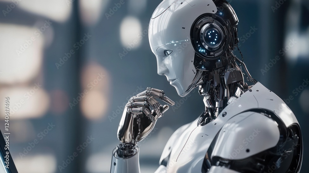 Futuristic humanoid robot contemplating technology in modern setting Futuristic humanoid robot contemplating technology in modern setting