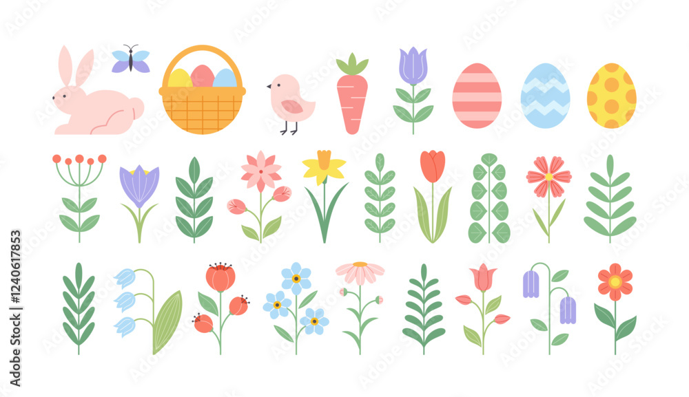 Set of Happy Easter geometric elements. Spring icons and elements in minimalist style. Flowers, bunny, eggs, basket, bird and carrot in pastel colors. Modern vector flat illustration. Set of Happy Easter geometric elements. Spring icons and elements in minimalist style. Flowers, bunny, eggs, basket, bird and carrot in pastel colors. Modern vector flat illustration.