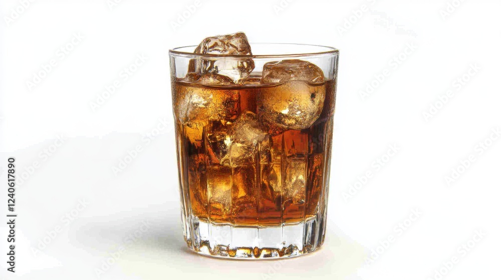 Crystal glass filled with ice and dark liquid on a white surface Crystal glass filled with ice and dark liquid on a white surface