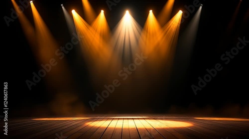 Golden Spotlight Beam, Dramatic Stage Lighting, Theater, Performance, Show, Concert, Illumination, Ray, Light Effect, Spotlight Burst, Bright, Gleam, Golden Hour, Stage Design, Theatrical, Dramatic   