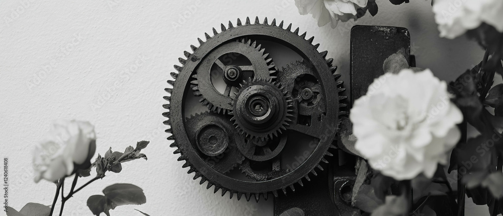 Minimalist collage featuring geometric shapes and a single gear among flowers