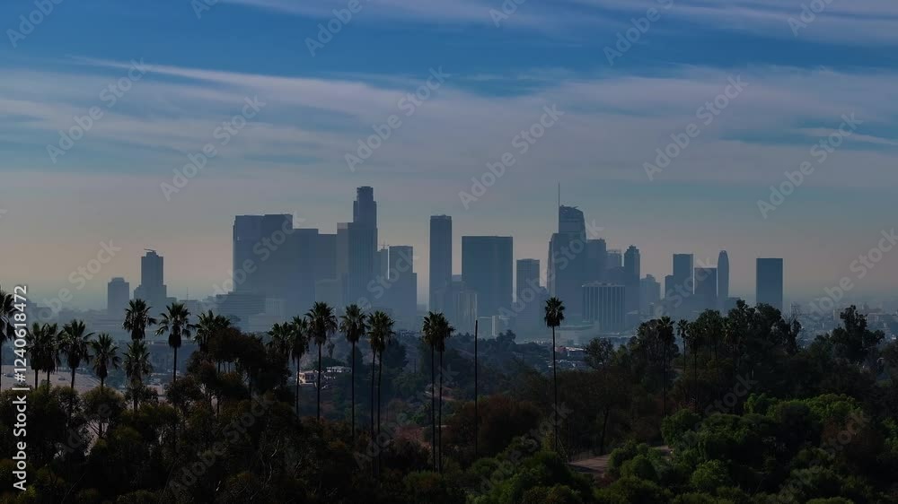 Aerial view of beautiful downtown skyline with modern skyscrapers and palm trees, Los Angeles, United States. Aerial view of beautiful downtown skyline with modern skyscrapers and palm trees, Los Angeles, United States.