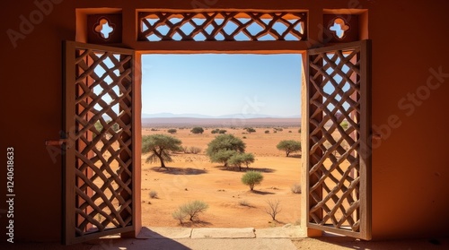 Clay window with intricate latticework overlooks Kalahari Desert landscape photo