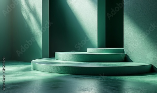 A 3D green product podium display with a green background and tree shadow, showcasing a summer product mockup background, rendered in 3D illustration