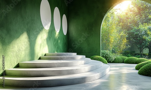 A 3D illustration depicting a green product podium display with a green background and tree shadow, used as a summer product mockup background