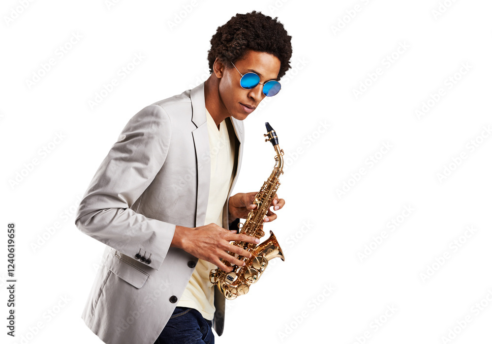 Naklejka premium Man, saxophone and music for concert practice performance, orchestra or jazz band festival. Male person, play instrument and skill learning creative audio show, isolated on transparent png background