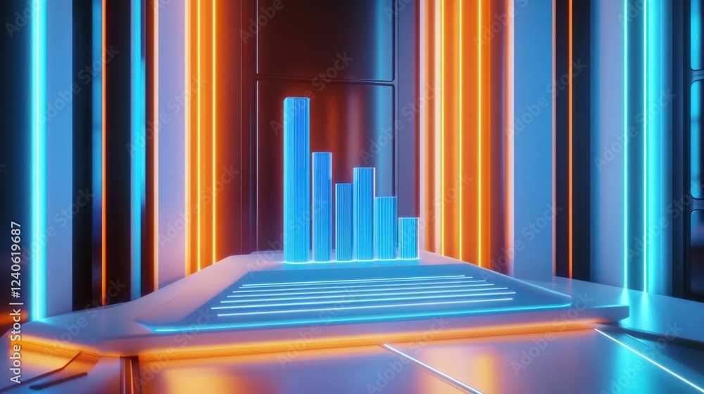 Fototapeta premium Glowing blue and orange 3D bar chart on a futuristic white dashboard panel