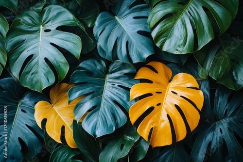 Closeup of a green leaf against a palms background, flat lay, with a dark nature vibe, featuring a tropical leaf