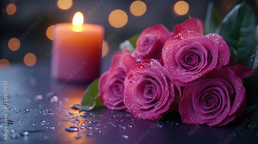 Fototapeta premium Romantic pink roses, candlelight, dark background, Valentine's Day