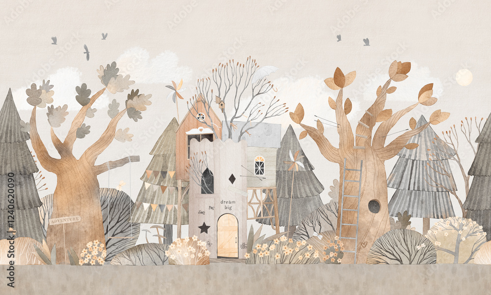 custom made wallpaper toronto digitalWooden children's castle in the forest. Forest against the backdrop of mountains, children's house, flowers. Wallpaper in beige tones. Watercolor illustration.