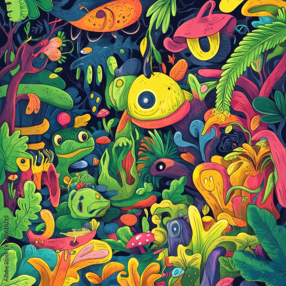 Vibrant Fantasy Forest With Grotesque Plants And Frogs Vibrant Fantasy Forest With Grotesque Plants And Frogs