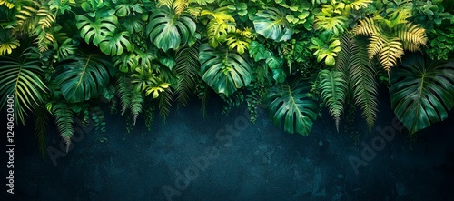 A creative concept with a green backdrop, incorporating a tropical leaf banner or floral jungle pattern