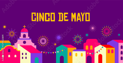 Viva Mexico, Cinco de Mayo design, illustration of Mexican street, village homes, fireworks, Cinco de Mayo celebration