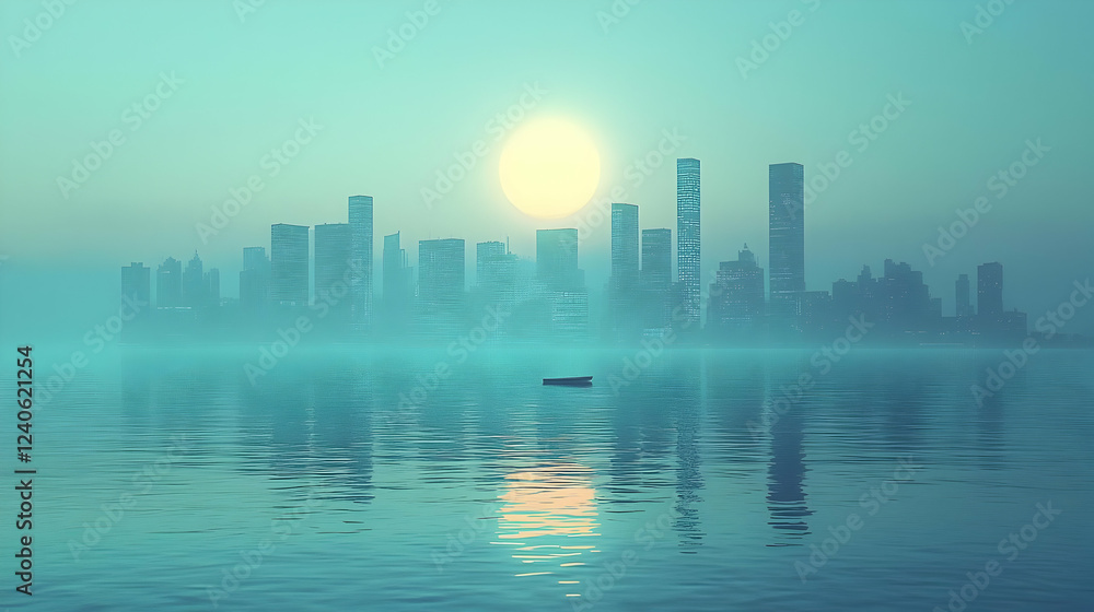Cityscape Sunrise: Skyline Reflected on Calm Waters Cityscape Sunrise: Skyline Reflected on Calm Waters