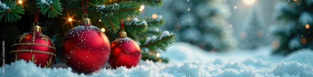 Fototapeta premium Rote Weihnachtskugeln in einem gr?nen Tannenhaus, winter, cozy