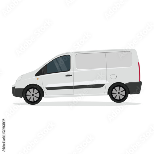 Vector illustration of white or silver van land vehicle in cartoon flat style. Cargo vehicle front, side and rear view. Silver delivery mini van isolated. Delivery Van Mockup for Advertising