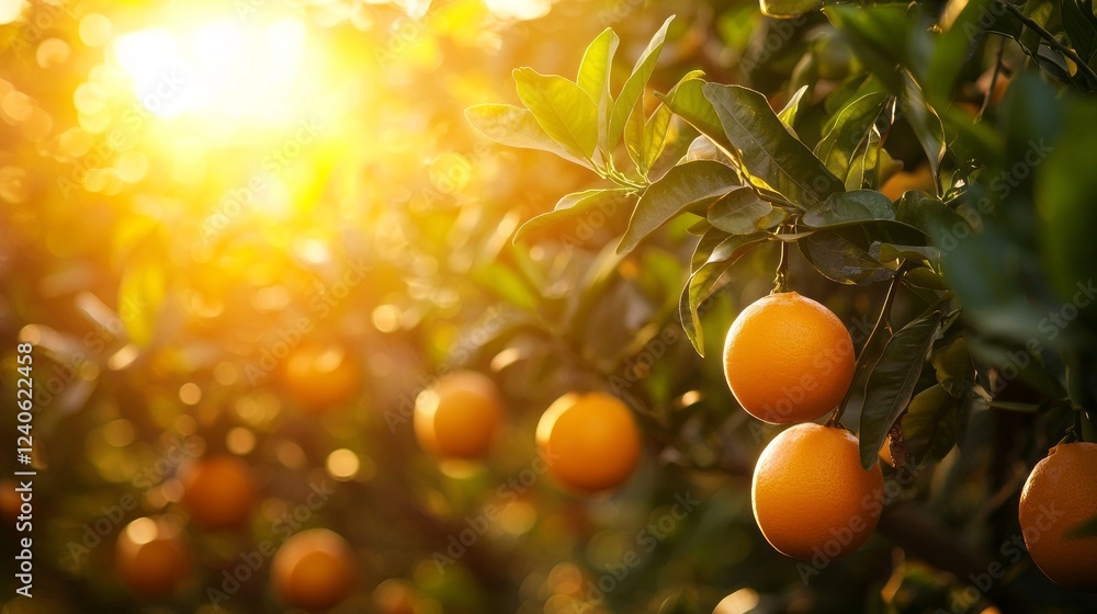 A tranquil orchard is filled with vibrant orange trees, their ripe fruits glowing softly in the golden light of the setting sun. Leaves rustle gently in the evening breeze A tranquil orchard is filled with vibrant orange trees, their ripe fruits glowing softly in the golden light of the setting sun. Leaves rustle gently in the evening breeze