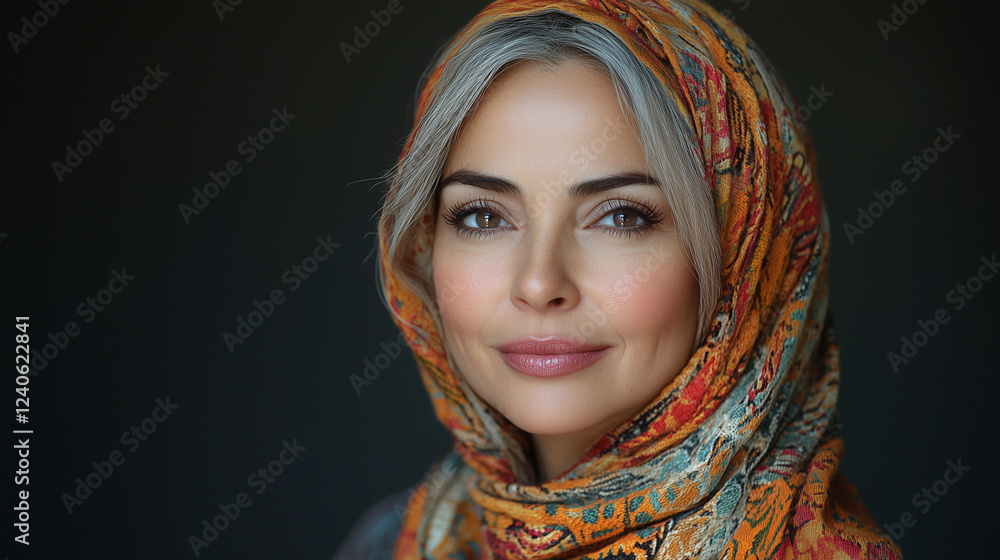 Close-up portrait of a woman with gray hair wearing a patterned headscarf. Her elegant style and captivating gaze create a stunning image. Close-up portrait of a woman with gray hair wearing a patterned headscarf. Her elegant style and captivating gaze create a stunning image.