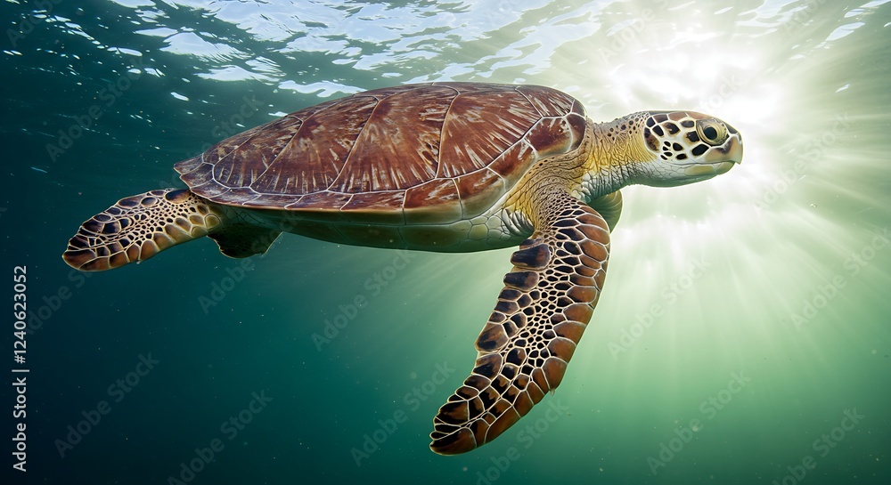 Fototapeta premium A large sea turtle gracefully swimming through a sunlit oceanic current.