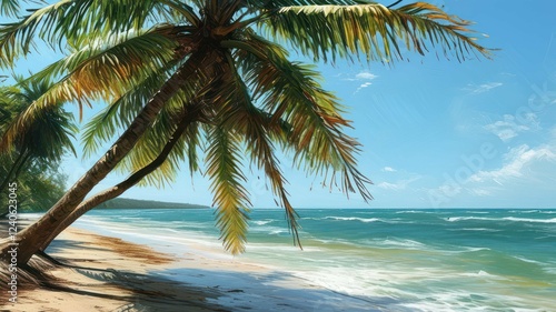 A serene beach scene with palm trees and gentle waves