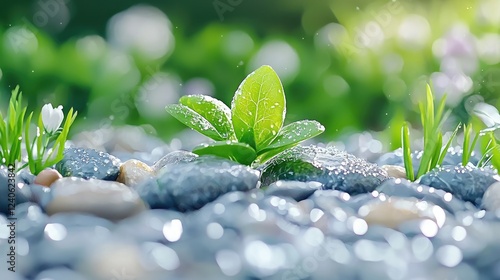 Sprout growing, garden, sunshine, pebbles, new life photo