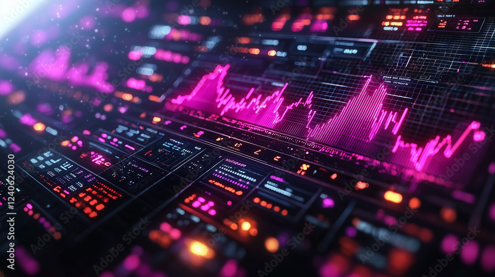 Abstract Financial Stock Market Data Visualization: Pink Neon Chart on Digital Screen Abstract Financial Stock Market Data Visualization: Pink Neon Chart on Digital Screen