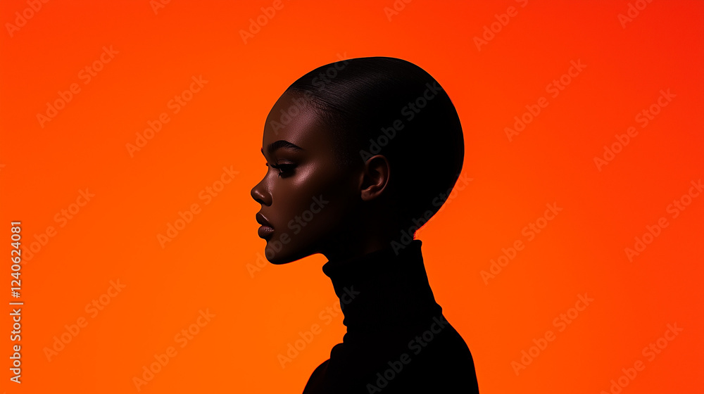 Black Woman Profile: A Bold Silhouette Against Orange. Fashion, Beauty, and Style in a Striking Portrait. Black Woman Profile: A Bold Silhouette Against Orange. Fashion, Beauty, and Style in a Striking Portrait.