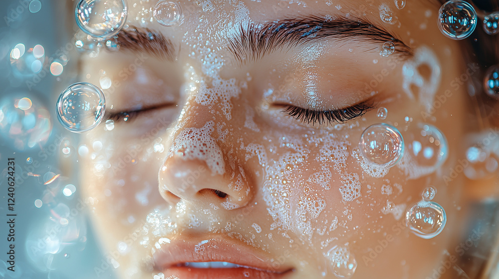 Close-up of a Woman's Face Covered in Cleansing Foam Bubbles. Serene and Relaxing Beauty Portrait. Skincare and Wellness Concept. Close-up of a Woman's Face Covered in Cleansing Foam Bubbles. Serene and Relaxing Beauty Portrait. Skincare and Wellness Concept.