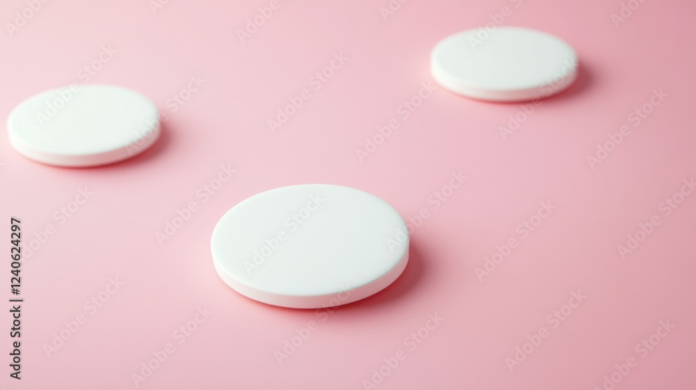 Floating blank white badge in multiple angles, branding mockup, soft pastel backdrop Floating blank white badge in multiple angles, branding mockup, soft pastel backdrop