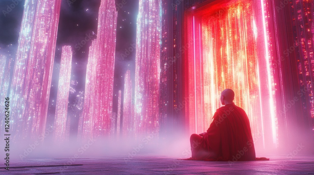 Mysterious Portal with Vibrant Light and Meditative Figure Mysterious Portal with Vibrant Light and Meditative Figure
