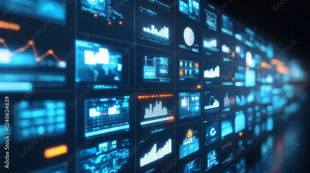 Fototapeta premium Digital data screens displaying analytics and graphs in futuristic setting