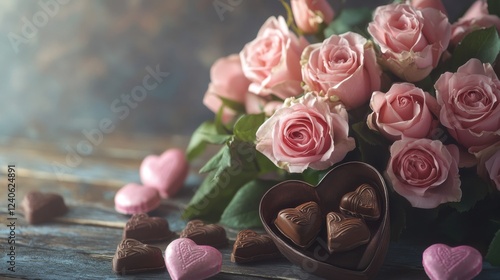Sweet Indulgence: A Romantic Gift of Soft Pink Roses and a Delectable Chocolate Heart, Beautifully Presented in a Heart-Shaped Box, Sure to Delight Your Sweetheart on Valentine's Day or Any Special Da