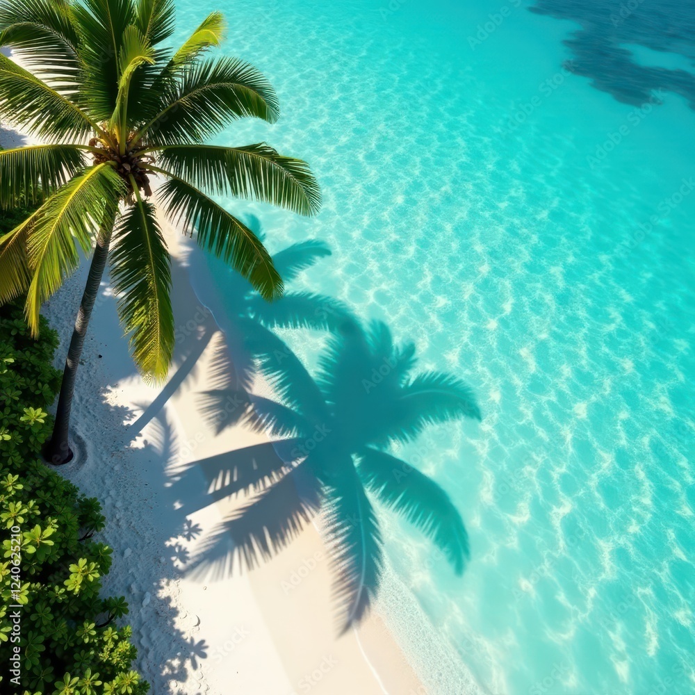 Fototapeta premium Long palm shadow stretches across turquoise water, coastline, calm