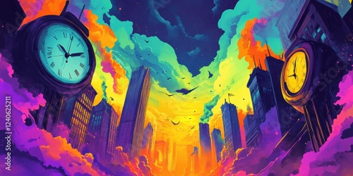 Wallpaper Mural Vibrant Cityscape with Clocks and Colorful Clouds Torontodigital.ca