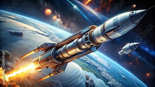 Fototapeta Naklejka Na Ścianę i Meble -  A futuristic rocket transforming mid-flight into a space station, with intricate metallic parts unfolding against the backdrop of space and distant stars